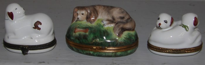 Three Painted Porcelain Dog French Battersea Boxes