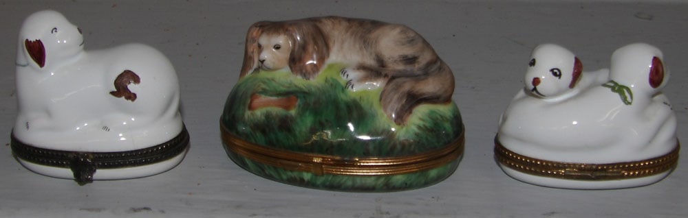 Three Painted Porcelain Dog French Battersea Boxes : Three Painted Porcelain Dog French Battersea Boxes . Up to 1 3/4" H 3 1/4" W 2 1/4" D