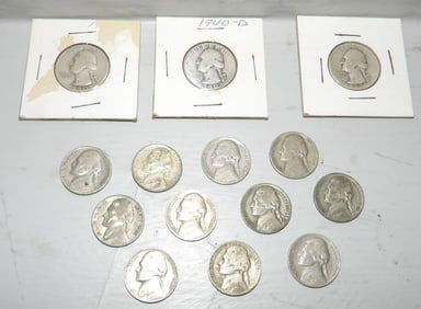 Three Washington Silver Quarters & Nine 1930's & 1940's Jefferson Nickels
