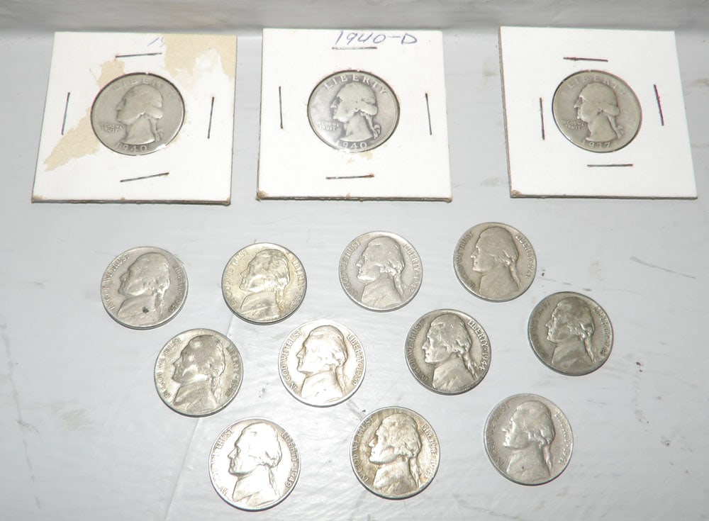 Three Washington Silver Quarters & Nine 1930's & 1940's Jefferson Nickels (1 of 4)