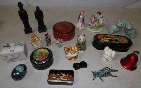 Lot of Hand Painted Porcelain, Oriental Stone Figurines, Russian Boxes, & Resin Boxes