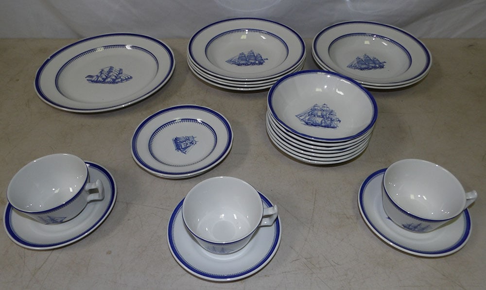 Lot of Spode China, Blue Clipper - Ship George of Salem Built 1814: Lot of Spode China, Blue Clipper - Ship George of Salem Built 1814. Up to 10 1/2" W 8" D ALL DESCRIPTIONS AND ANY CONDITION STATEMENT GIVEN BY LANGSTON AUCTION GALLERY ARE STRICTLY OPINIONS AND LANGST