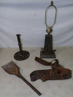 Lot of Antique Tole Country Items & Leather Strap: Lot of Antique Tole Country Items & Leather Strap. Up to 22 1/2" H 7 1/2" W 5 1/2" D ALL DESCRIPTIONS AND ANY CONDITION STATEMENT GIVEN BY LANGSTON AUCTION GALLERY ARE STRICTLY OPINIONS AND LANGSTON'S
