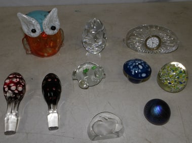 Lot of Art Glass Paperweights & Waterford Clock