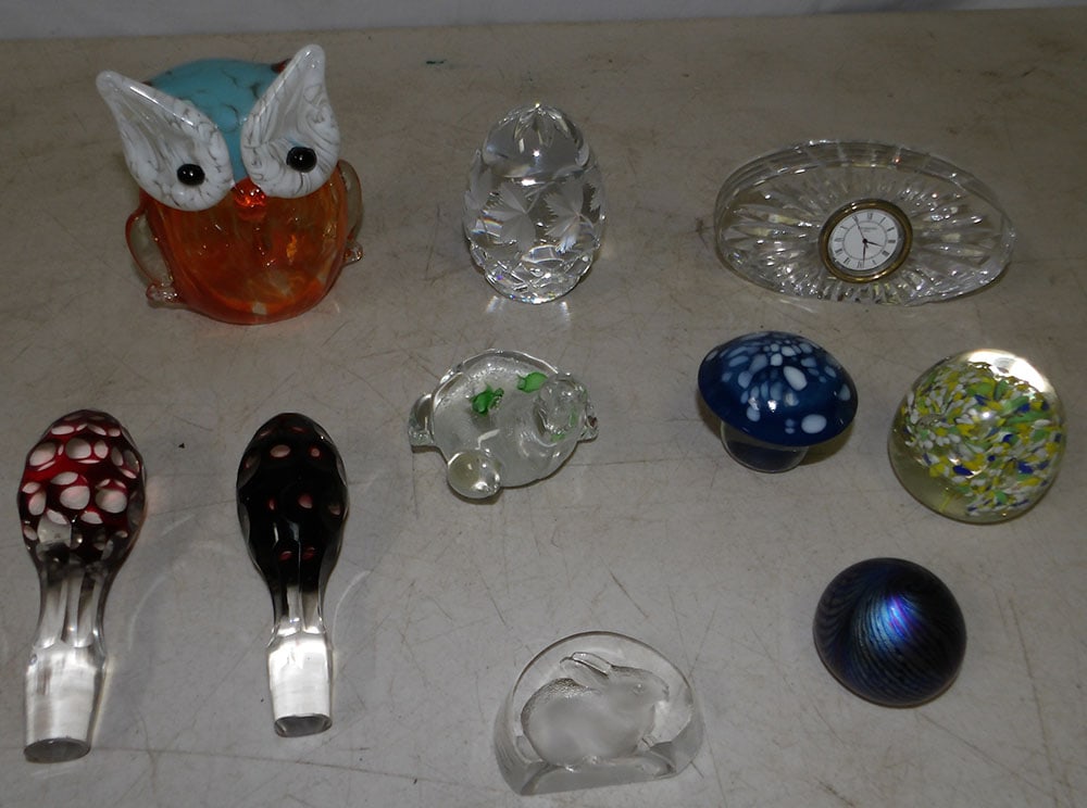 Lot of Art Glass Paperweights & Waterford Clock (1 of 3)