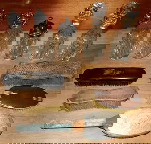 Lot of Silverplated & Cut Cruet Bottles & Vintage Dresser Boxes