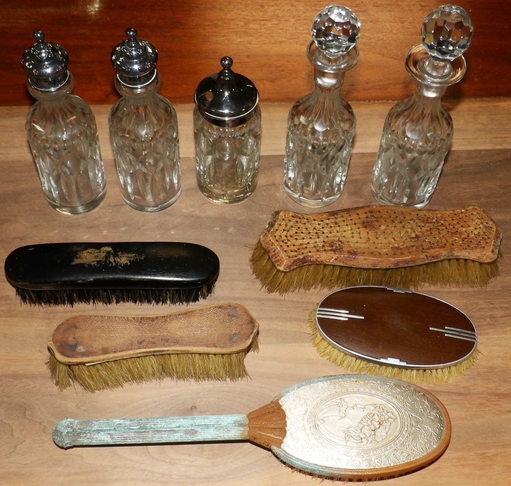 Lot of Silverplated & Cut Cruet Bottles & Vintage Dresser Boxes (1 of 6)