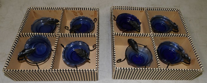 Two Boxes of Italian Cobalt Blue Ash Trays in Metal Holders