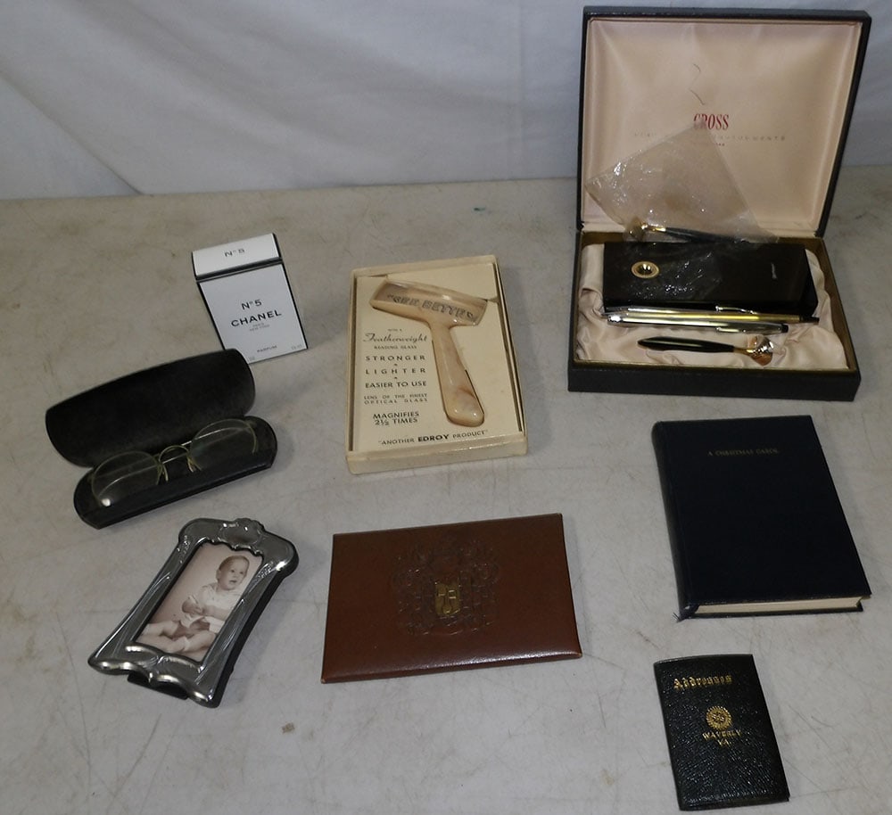 Lot of Vintage Pens, Glasses, Perfume, & Magnifying Glass: Lot of Vintage Pens, Glasses, Perfume, & Magnifying Glass. Up to 5 1/2" H 3 1/2" W ALL DESCRIPTIONS AND ANY CONDITION STATEMENT GIVEN BY LANGSTON AUCTION GALLERY ARE STRICTLY OPINIONS AND LANGSTON'S S