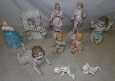 Lot of Porcelain Figurines, Jardiniere, & Piano Babies