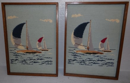 Two Framed Needleworks of Sailboats