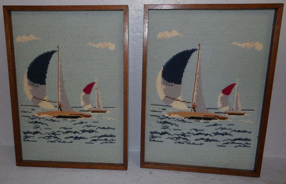 Two Framed Needleworks of Sailboats (1 of 3)