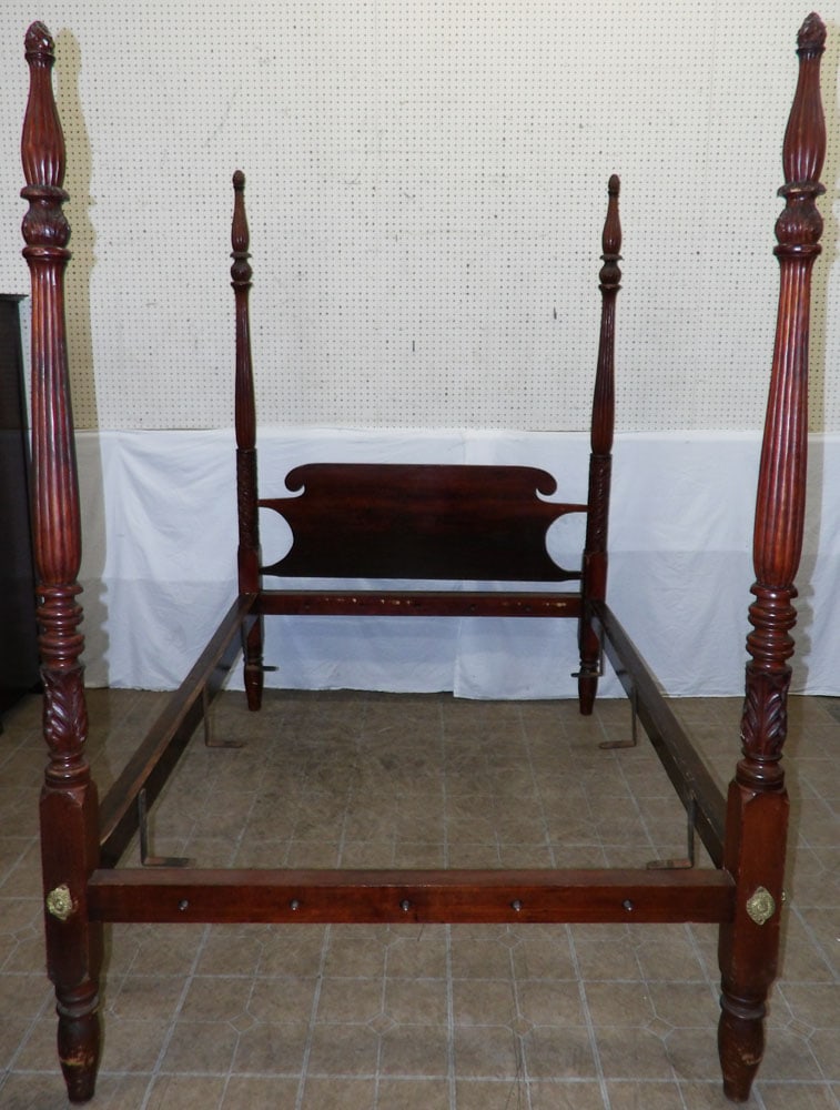 Antique Carved Mahogany Four Post Full Size Bed with Rails (1 of 6)