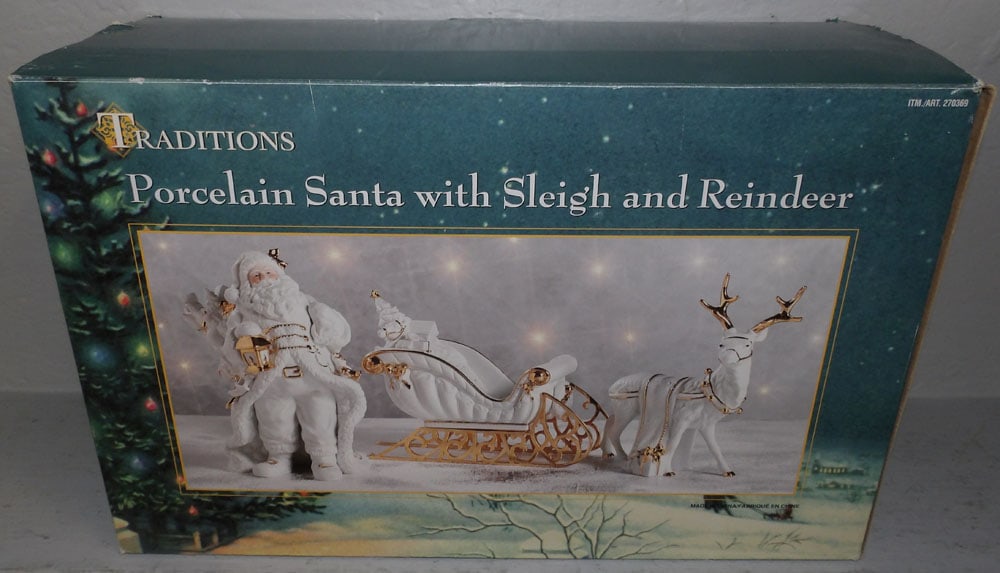 Porcelain Santa Figure with Sleigh & Reindeer in Original Box (1 of 3)