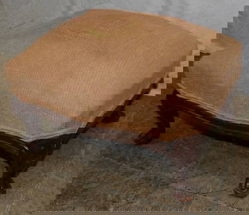 Carved Mahogany & Upholstered Top Ottoman: Carved Mahogany & Upholstered Top Ottoman . 12 1/4" H 21" W 17" D ALL DESCRIPTIONS AND ANY CONDITION STATEMENT GIVEN BY LANGSTON AUCTION GALLERY ARE STRICTLY OPINIONS AND LANGSTON'S SHALL HAVE NO RESP