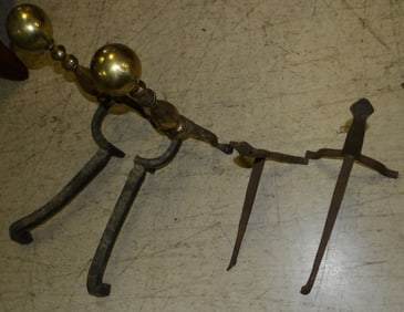 Pair of Brass Cannonball Andirons & Forged Iron Andirons