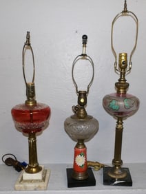 Three Antique Painted Glass & Marble Base Lamps