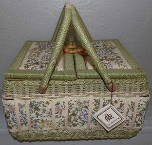 Faux Wicker & Upholstered Sewing Basket
