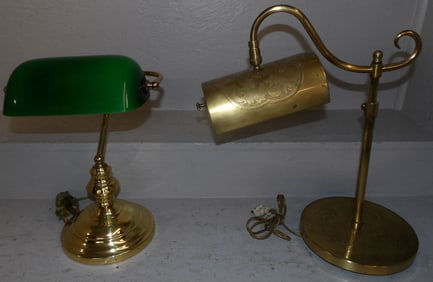 Two Brass Student Lamps, One with Glass Shade