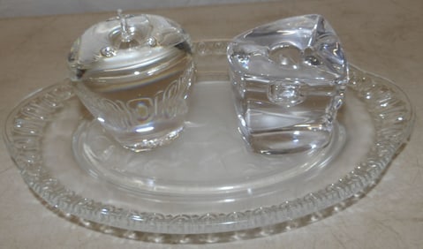 Orrefors Candlestick, Steuben Apple Paperweight, & Glass Tray with Heron Motif