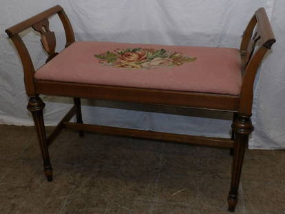 Mahogany & Needlepoint Seat Window Bench: Mahogany & Needlepoint Seat Window Bench . 23 3/4" H 30 3/4" W 14 1/4" D ALL DESCRIPTIONS AND ANY CONDITION STATEMENT GIVEN BY LANGSTON AUCTION GALLERY ARE STRICTLY OPINIONS AND LANGSTON'S SHALL HAVE