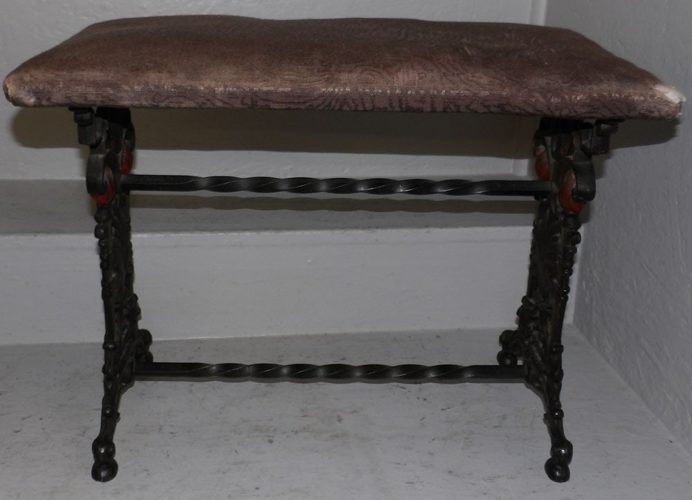 Antique Cast Iron Base Upholstered Top Bench (1 of 3)