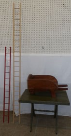 Antique Child's Folding Table, Pine Child's Wheelbarrow, & Two Doll House Ladders