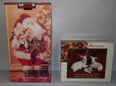 Porcelain Deer Family in Original Box & Santa Claus Doll in Original Box