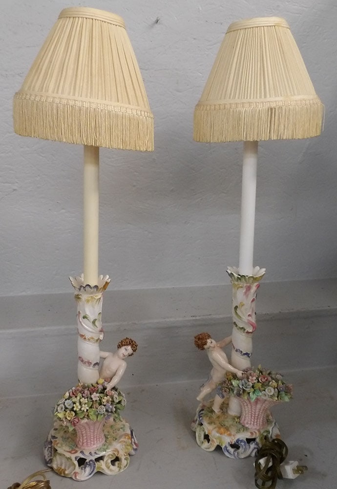 Pair of Painted Porcelain Cherub Lamps, (One Restored) (1 of 5)