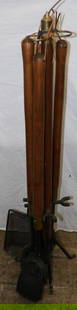 Lot of Wood & Metal Fire Tools: Lot of Wood & Metal Fire Tools. 38 1/2" H 9 3/4" Dia. ALL DESCRIPTIONS AND ANY CONDITION STATEMENT GIVEN BY LANGSTON AUCTION GALLERY ARE STRICTLY OPINIONS AND LANGSTON'S SHALL HAVE NO RESPONSIBILITY F