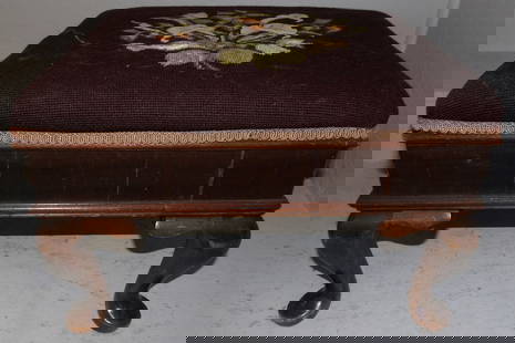 Mahogany & Needlepoint Top Stool: Mahogany & Needlepoint Top Stool . 13" H 19" W 15 1/4" H ALL DESCRIPTIONS AND ANY CONDITION STATEMENT GIVEN BY LANGSTON AUCTION GALLERY ARE STRICTLY OPINIONS AND LANGSTON'S SHALL HAVE NO RESPONSIBILIT