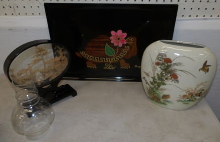 Oriental Porcelain Vase, Cork Village, Decorative Tray, & Glass Lamp Shade