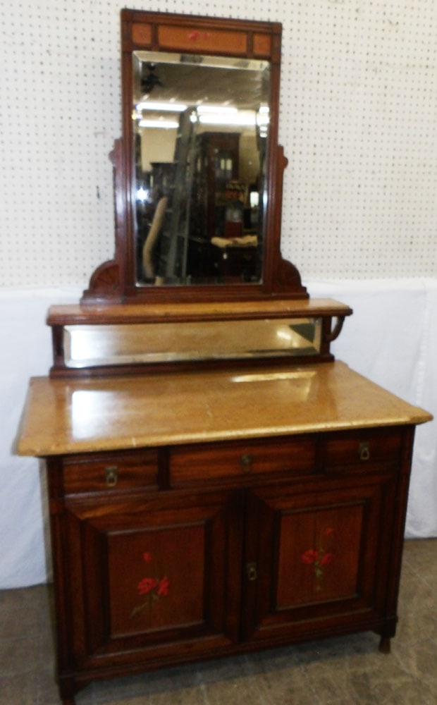 Antique Walnut Marble Top Dresser with Mirror: Antique Walnut Marble Top Dresser with Mirror . 75 3/4" H 42 3/4" W 23 1/2" D ALL DESCRIPTIONS AND ANY CONDITION STATEMENT GIVEN BY LANGSTON AUCTION GALLERY ARE STRICTLY OPINIONS AND LANGSTON'S SHALL