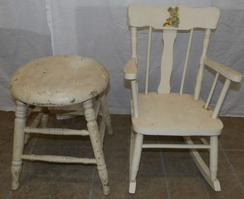 Painted Wood Child's Chair & Stool