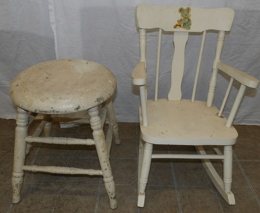 Painted Wood Child's Chair & Stool: Painted Wood Child's Chair & Stool. Up to 25 1/4" H 16" W 12" D ALL DESCRIPTIONS AND ANY CONDITION STATEMENT GIVEN BY LANGSTON AUCTION GALLERY ARE STRICTLY OPINIONS AND LANGSTON'S SHALL HAVE NO RESPON