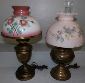 Two Brass & Painted Glass Lamps