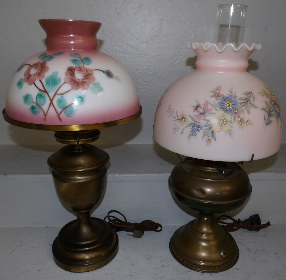 Two Brass & Painted Glass Lamps: Two Brass & Painted Glass Lamps. Up to 20 1/2" H 10 1/2" Dia. ALL DESCRIPTIONS AND ANY CONDITION STATEMENT GIVEN BY LANGSTON AUCTION GALLERY ARE STRICTLY OPINIONS AND LANGSTON'S SHALL HAVE NO RESPONSI