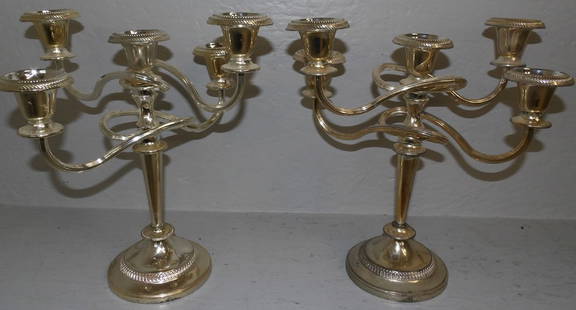Pair of Silverplated Five Light Candelabras: Pair of Silverplated Five Light Candelabras. 11 1/4" H 10" Dia. ALL DESCRIPTIONS AND ANY CONDITION STATEMENT GIVEN BY LANGSTON AUCTION GALLERY ARE STRICTLY OPINIONS AND LANGSTON'S SHALL HAVE NO RESPON