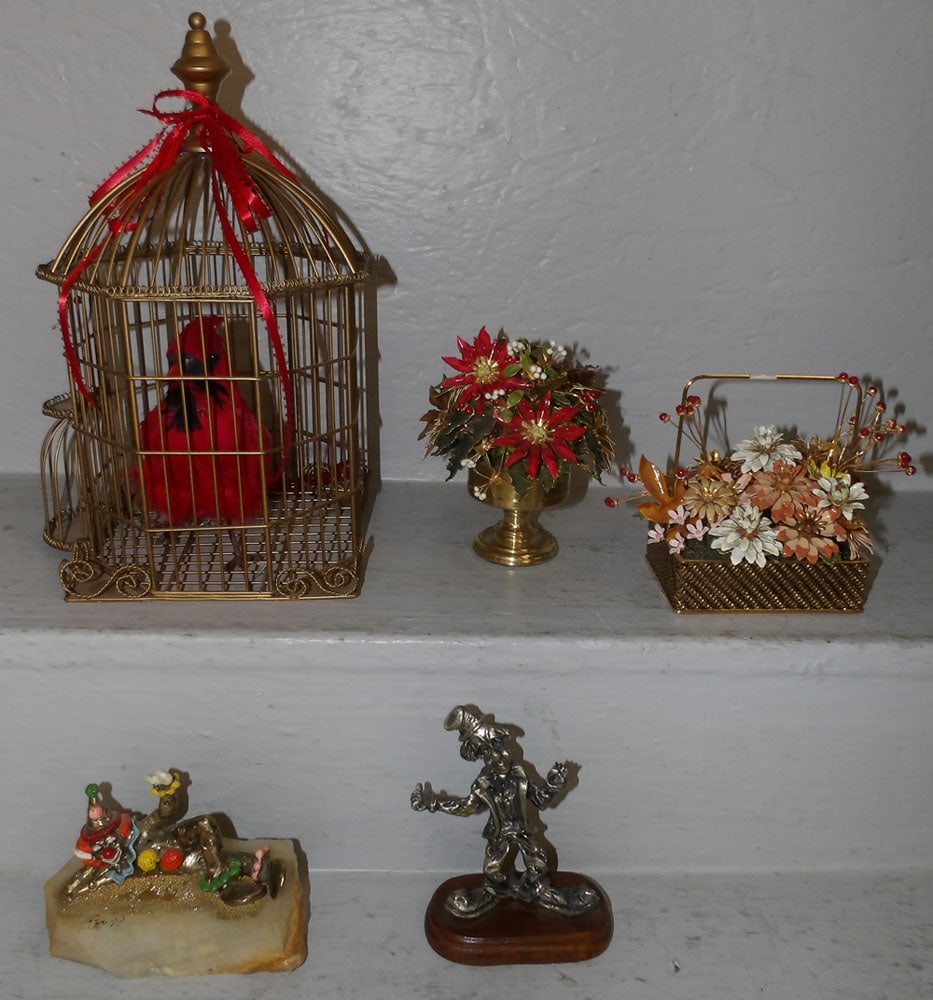 Two Metal Clown Figurines, Painted Metal Bird Cage, & Two Brass Flower Arrangements (1 of 5)
