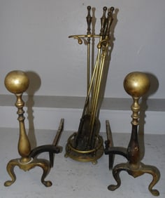 Pair of Brass Cannonball Andirons & Fire Tools