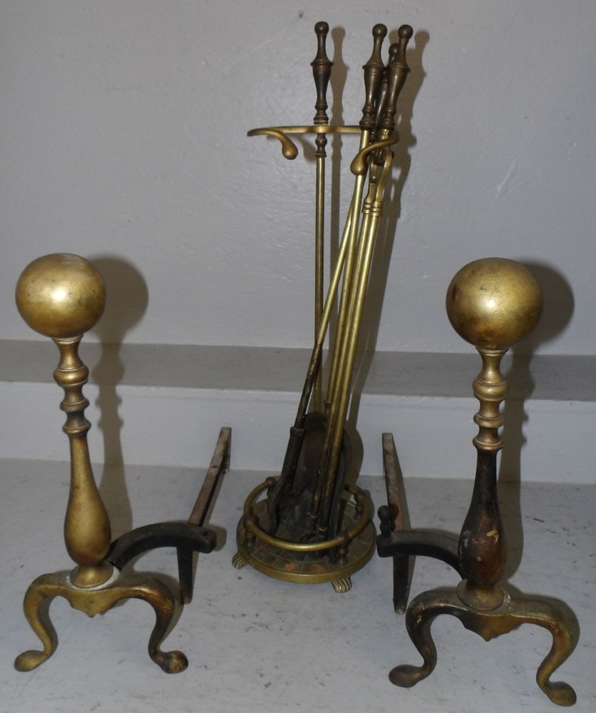 Pair of Brass Cannonball Andirons & Fire Tools (1 of 4)