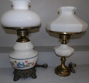 Two Milk Glass & Gilded Metal Lamps