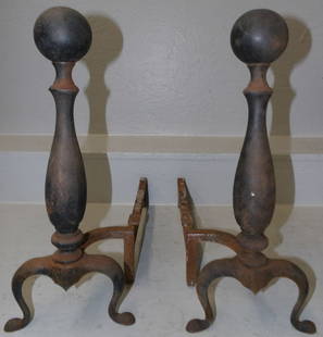 Pair of Cannonball Cast Iron Andirons: Pair of Cannonball Cast Iron Andirons . 18" x 8" ALL DESCRIPTIONS AND ANY CONDITION STATEMENT GIVEN BY LANGSTON AUCTION GALLERY ARE STRICTLY OPINIONS AND LANGSTON'S SHALL HAVE NO RESPONSIBILITY FOR ER