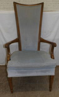 Cherry Upholstered High Back Arm Chair: Cherry Upholstered High Back Arm Chair . 48" H 25 1/2" W 28" D ALL DESCRIPTIONS AND ANY CONDITION STATEMENT GIVEN BY LANGSTON AUCTION GALLERY ARE STRICTLY OPINIONS AND LANGSTON'S SHALL HAVE NO RESPONS