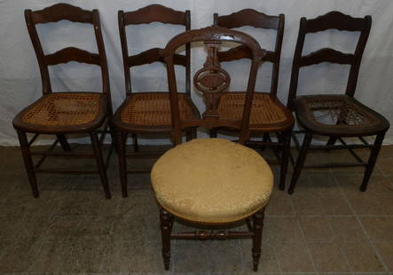 Lot of Five Antique Walnut Victorian Chairs: Lot of Five Antique Walnut Victorian Chairs . Up to 34" H 16 1/2" W 16 1/2" D ALL DESCRIPTIONS AND ANY CONDITION STATEMENT GIVEN BY LANGSTON AUCTION GALLERY ARE STRICTLY OPINIONS AND LANGSTON'S SHALL