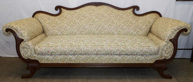 Carved Mahogany & Upholstered Sofa