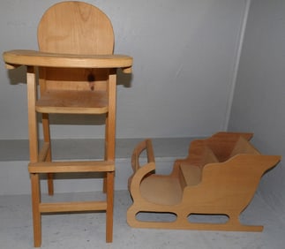 Pine Doll High Chair & Mahogany Doll Sleigh