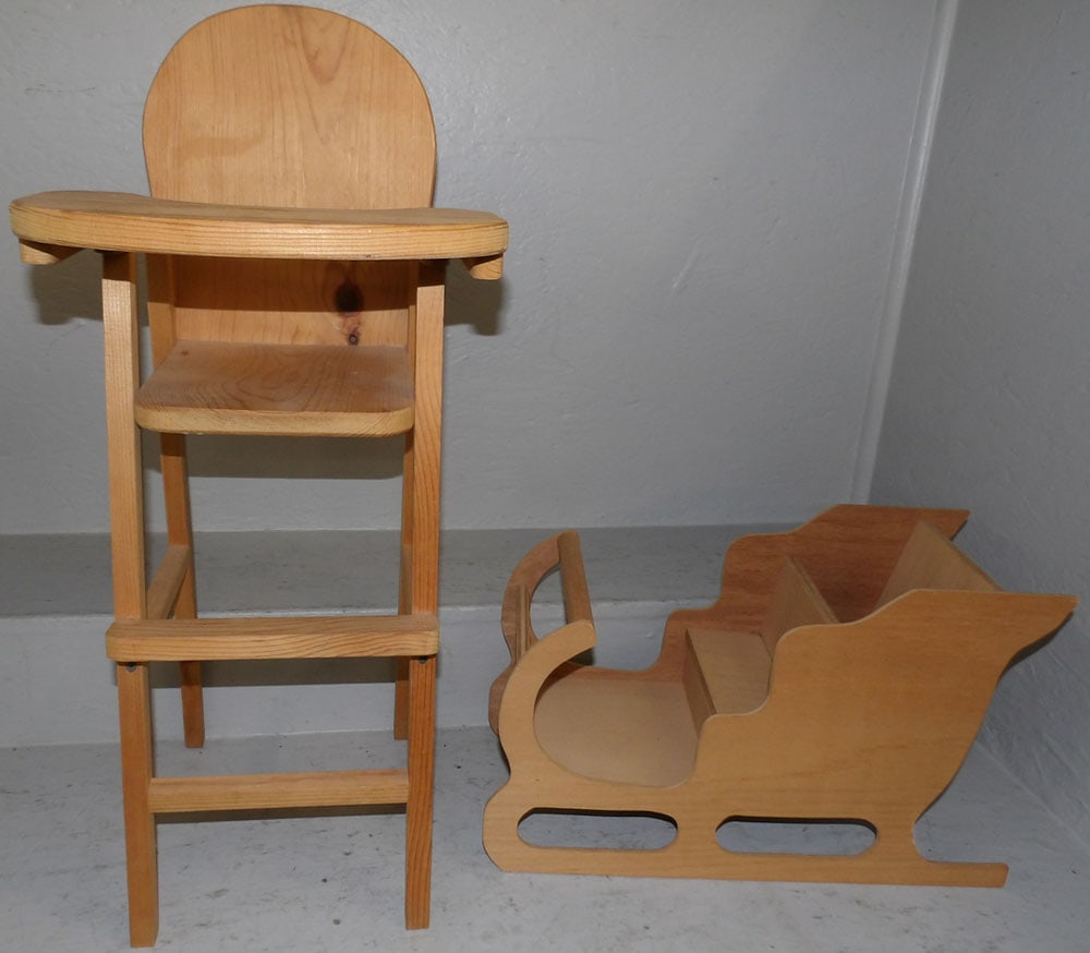 Pine Doll High Chair & Mahogany Doll Sleigh (1 of 4)