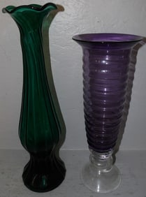 One Green & One Amythest Glass Vases
