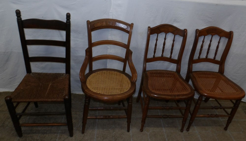 Lot of Four Antique Side Chairs: Lot of Four Antique Side Chairs . Up to 36 1/2" H 17 1/2" W 14" D ALL DESCRIPTIONS AND ANY CONDITION STATEMENT GIVEN BY LANGSTON AUCTION GALLERY ARE STRICTLY OPINIONS AND LANGSTON'S SHALL HAVE NO RESP